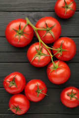 Bunch of fresh tomatoes on black background. Harvesting tomatoes. Space for text