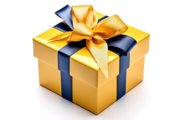 Obraz premium Yellow gift box with blue ribbon