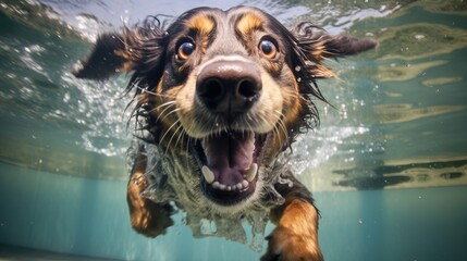 Underwater funny photo of dog. Generative ai image.