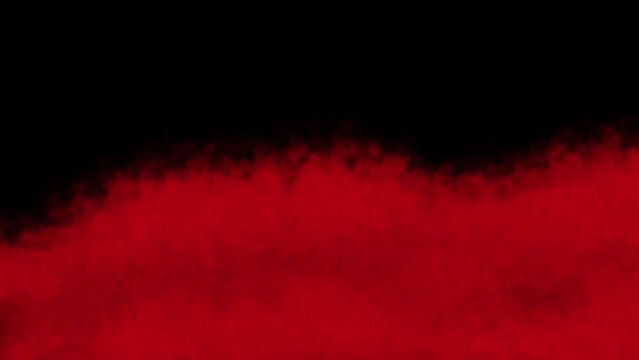Grunge Fantasy Red Smoke Like Cloud Wave Effect On Black Background. Flowing mystery red smoke spreads like dramatic fog.  Beautiful swirling cold fog on a dark creepy red Halloween background
