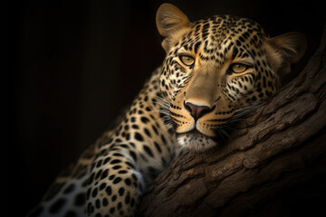 Fototapeta na wymiar Portrait of Leopard resting on tree branch on black background. Amazing Wildlife. Generative Ai