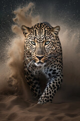 Fototapeta na wymiar Stunning African Leopard walking through the desert sand and raising a cloud of dust. Amazing African Wildlife. Generative Ai