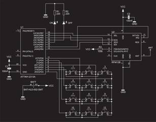 Connection of keyboard, led to the microcontroller. 
Vector electrical
schematic diagram of device of data input
by pressing buttons. Electric background.
Pattern of electronic components, conductors.