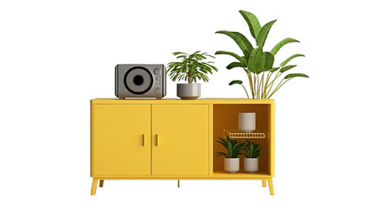Yellow cabinet for room with plant. set of decor items furniture isolated on transparent or white background