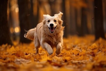 The golden retriever dog run in atumn park. Generative ai image.