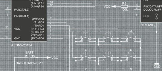 Vector electric background.
Pattern of electronic components and conductors.
Connection of keyboard to the microcontroller.