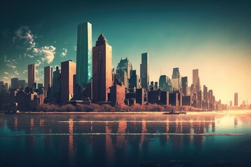 Fototapeta premium Cityscape photo with generated reflection, captured by AI