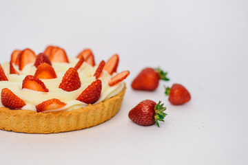 background of colorful cakes with fruit- close up of cakes