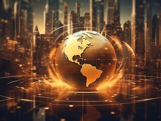 A gold globe, earth finance concept economy global business, skyscrapers in the style of bokeh in the background. Generative AI