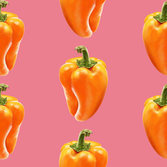 Illustration realism seamless pattern vegetable paprika orange color on a blue background. Sweet bell pepper. High quality illustration