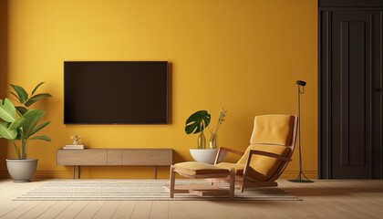 Yellow living room interior with armchair,TV stand and plant.3d rendering