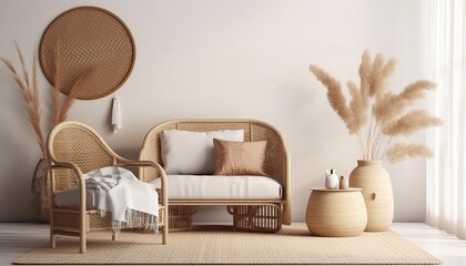 Fototapeta na wymiar Boho style living room with wicker chair,sofa,table and pampas in the pot on white wall background.3d rendering