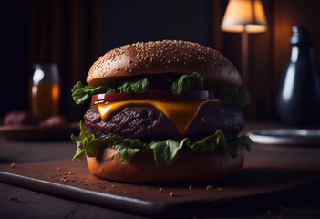 fresh tasty burger on wood table - obrazy, fototapety, plakaty