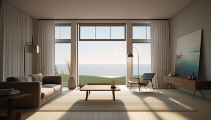 Living room with sea view. 3d rendering