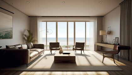 Naklejka na ściany i meble Living room with sea view. 3d rendering