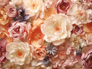 Flowers wall background with colorful peonies and roses crowding in the frame, in the style of an aerial view. Generative AI