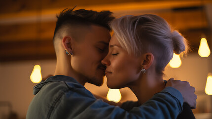 Young couple kissing at home.Created with Generative AI technology.