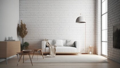 Modern interior with white brick wall and wood tone furniture.3d rendering