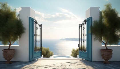 Santorini style gate open to the beach and sea view.3d rendering