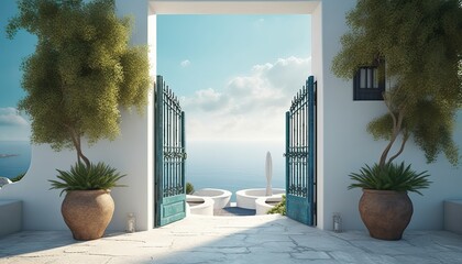Santorini style gate open to the beach and sea view.3d rendering - obrazy, fototapety, plakaty
