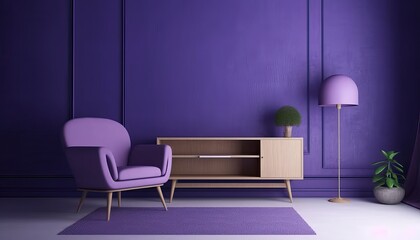 Violet room Very Peri.Chair,TV cabinet lamp and empty wall.Modern design interior.3d rendering