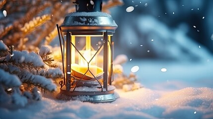 Christmas Lantern On Snow With Fir Branch, ai generative