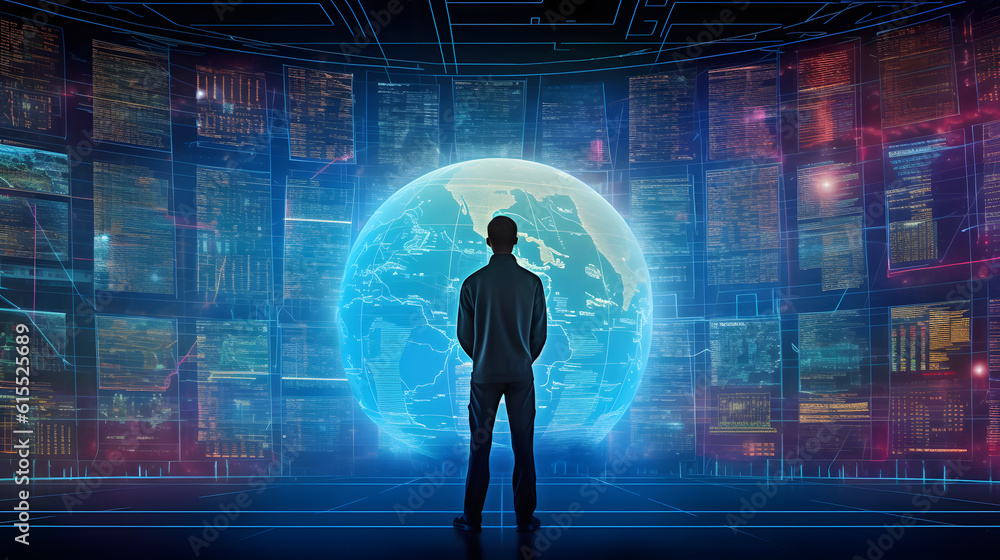 Poster silhouette of a businessman standing in front of a hologram of the planet.created with generative ai