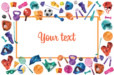 Fototapeta premium Sport vector colorful illustration background. Sports equipment inventory. Healthy lifestyle tools.