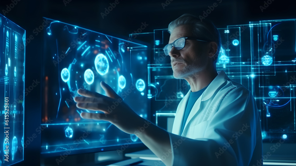 Aufkleber male researcher studies science with a hologram in the lab.created with generative ai technology.