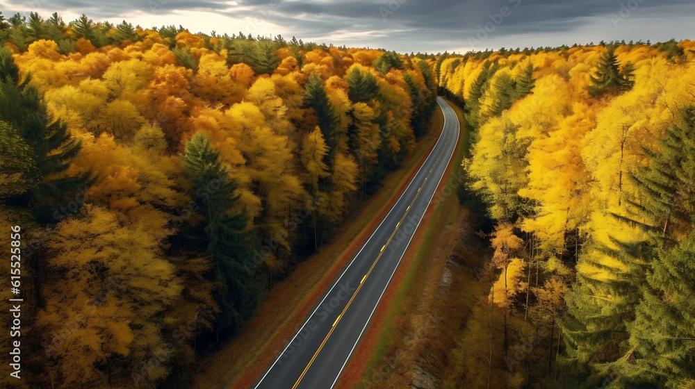 Poster aerial view of thick forest in autumn with road cutting through.created with generative ai technolog