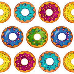 Seamless pattern of donuts multi colored on a white isolated background. Confectionery sweets top view. High quality illustration