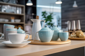Ceramic dishes on the table in the store. Super photo realistic background, generative ai 3d illustration