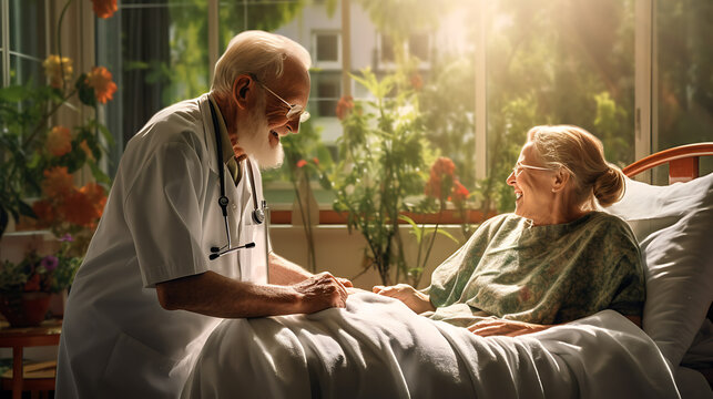 An elderly male doctor holds the hand of an elderly woman in a medical room.Created with Generative AI technology.
