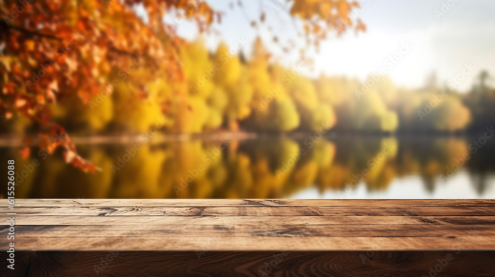 Aufkleber autumn background, close up of old empty wooden table over the lake with trees and leaves with copy 
