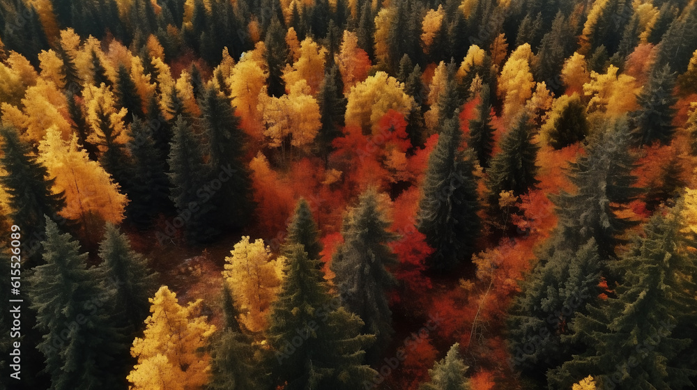 Poster aerial view of thick forest in autumn .created with generative ai technology.