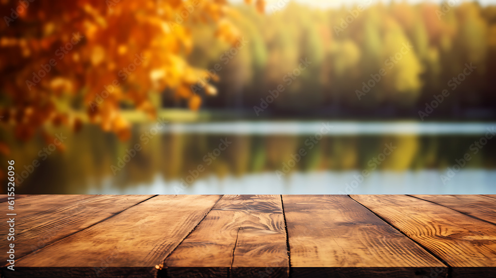 Aufkleber autumn background, close up of old empty wooden table over the lake with trees and leaves with copy 