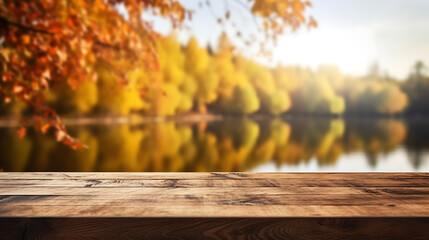 Naklejka na ściany i meble Autumn background, close up of old empty wooden table over the lake with trees and leaves with copy space.Created with Generative AI technology.