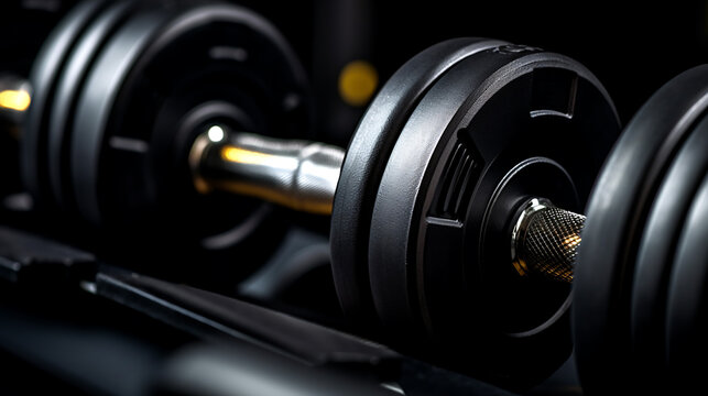 A group of dumbbells on a shelf in the gym.Created with Generative AI technology.