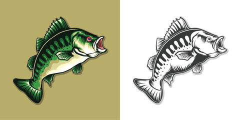 Fish colorful vector illustration set black and white design, jumping style from water.