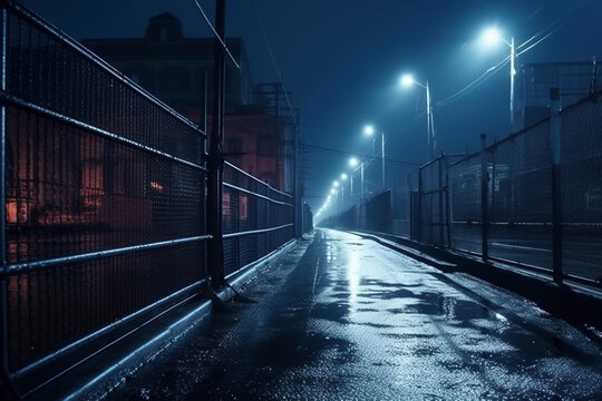 A midnight road or alley with wet, hazy asphalt, metal fences, evoking a crime and mysterious atmosphere, Generative Ai