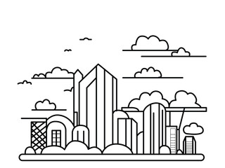 Obraz premium urban landscape template thin line urban landscape City center landscape with tall skyscrapers Panoramic architecture, government buildings, isolated illustration.