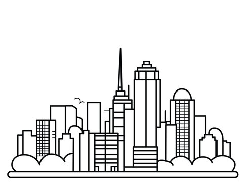 recommend clip art: urban landscape template thin line urban landscape City center landscape with tall skyscrapers Panoramic architecture, government buildings, isolated illustration.