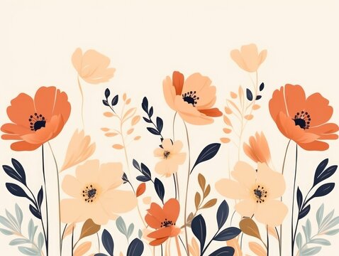 Wallpaper pattern of poppy flowers in pastel color, art, seamless illustration, and minimalist style. Generative AI