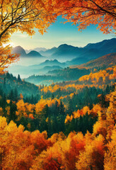 Serene autumn mountain forest with a picturesque lake view, immersed in vibrant colors and volumetric light , Generative Ai