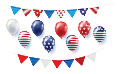 Fototapeta premium Set of realistic balloons, flags with USA flag.