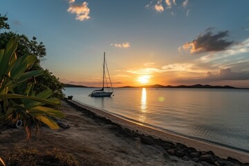 Plakat remote island beach, with view of the setting sun, and sailboat in the distance, created with generative ai