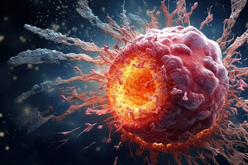 damaged and disintegrating cancer cell created by generative AI - obrazy, fototapety, plakaty