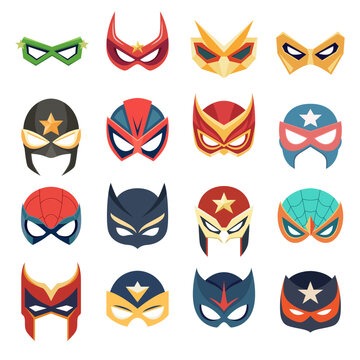 Vector Super Hero Masks Set in Flat Style. Face Character, Superhero Comic Book Mask Collection. Superhero Photo Props, Women and Men Masks, Carnival Glasses