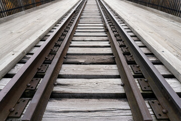 Fototapeta premium Railroad tracks in the Fall at Kinzua Bridge State Park in Mt Jewett, Pennsylvania.
