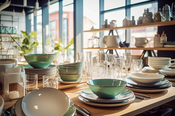Fototapeta premium Ceramic dishes on the table in the store. Super photo realistic background, generative ai 3d illustration